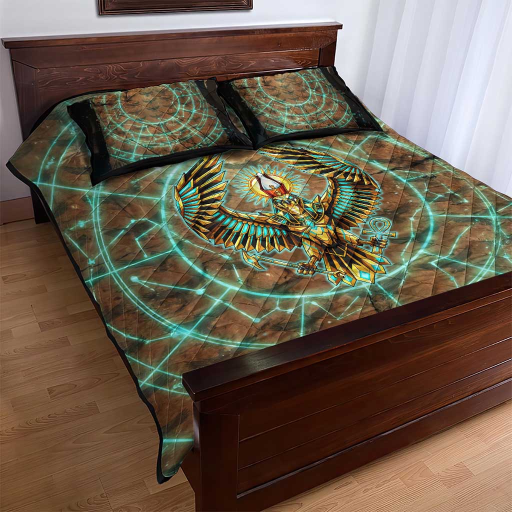 Horus Eye of Ra Quilt Bed Set Golden Falcon Ancient Egyptian Symbol in Futuristic