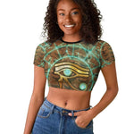 Horus Eye of Ra Raglan Cropped T shirt Golden Falcon Ancient Egyptian Symbol in Futuristic