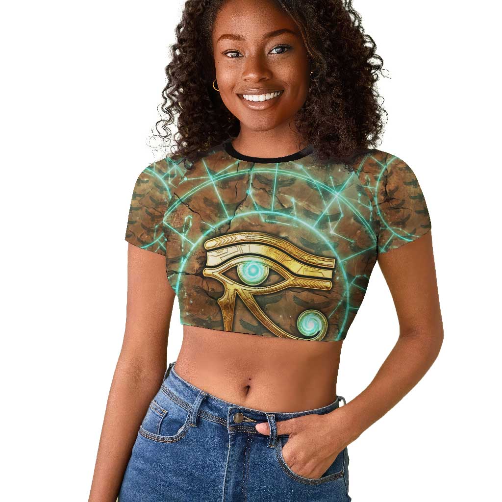 Horus Eye of Ra Raglan Cropped T shirt Golden Falcon Ancient Egyptian Symbol in Futuristic