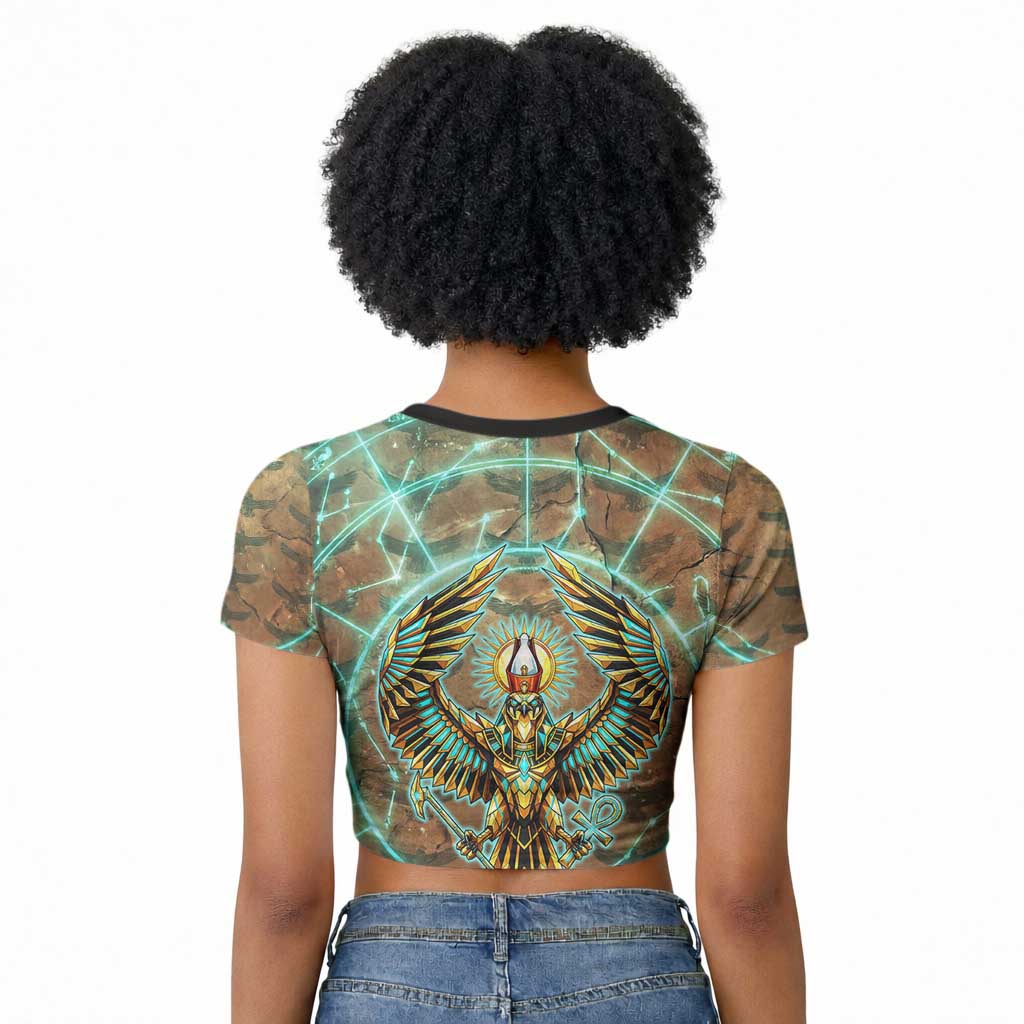 Horus Eye of Ra Raglan Cropped T shirt Golden Falcon Ancient Egyptian Symbol in Futuristic