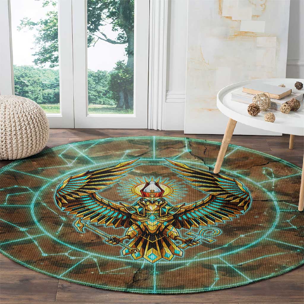 Horus Eye of Ra Round Carpet Golden Falcon Ancient Egyptian Symbol in Futuristic