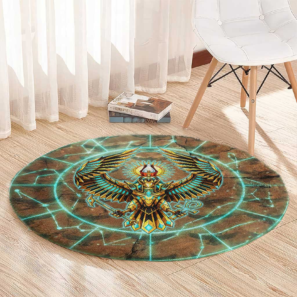 Horus Eye of Ra Round Carpet Golden Falcon Ancient Egyptian Symbol in Futuristic