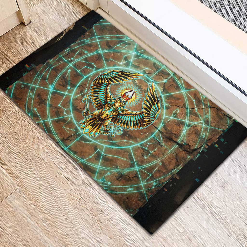 Horus Eye of Ra Rubber Doormat Golden Falcon Ancient Egyptian Symbol in Futuristic
