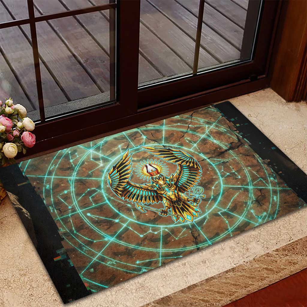 Horus Eye of Ra Rubber Doormat Golden Falcon Ancient Egyptian Symbol in Futuristic
