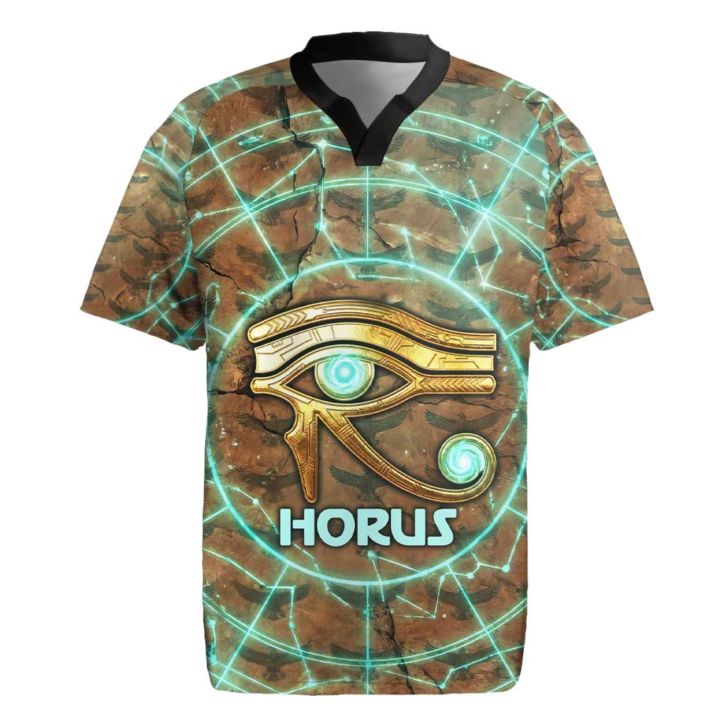 Horus Eye of Ra Rugby Jersey Golden Falcon Ancient Egyptian Symbol in Futuristic