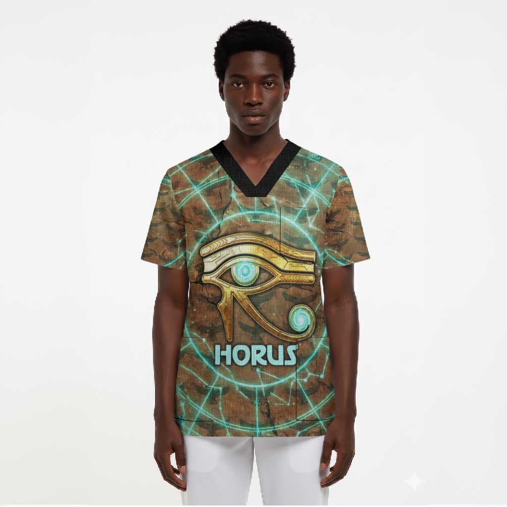 Horus Eye of Ra Scrub Top Golden Falcon Ancient Egyptian Symbol in Futuristic