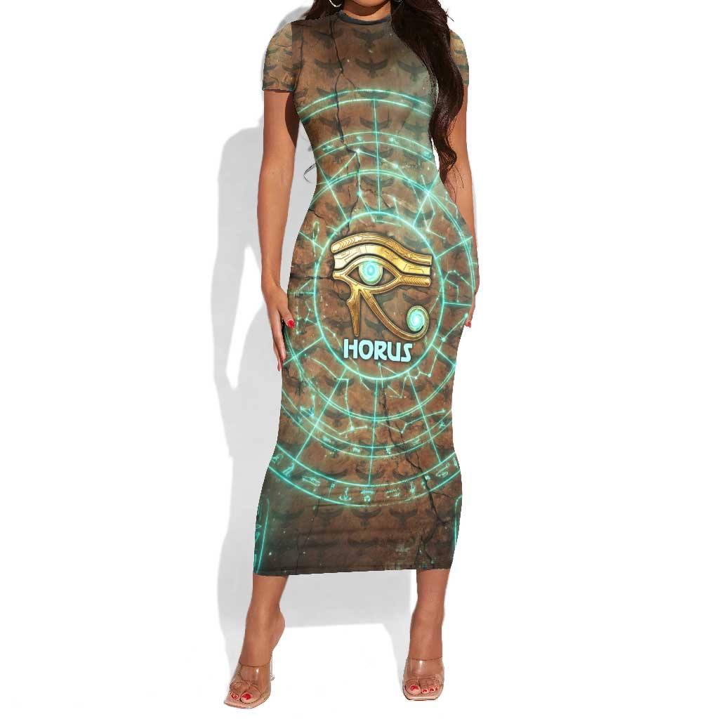 Horus Eye of Ra Short Sleeve Bodycon Dress Golden Falcon Ancient Egyptian Symbol in Futuristic