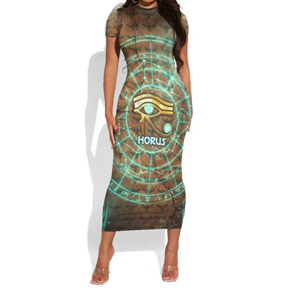 Horus Eye of Ra Short Sleeve Bodycon Dress Golden Falcon Ancient Egyptian Symbol in Futuristic