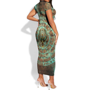 Horus Eye of Ra Short Sleeve Bodycon Dress Golden Falcon Ancient Egyptian Symbol in Futuristic