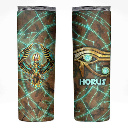 Horus Eye of Ra Skinny Tumbler Golden Falcon Ancient Egyptian Symbol in Futuristic