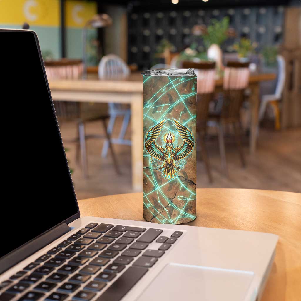 Horus Eye of Ra Skinny Tumbler Golden Falcon Ancient Egyptian Symbol in Futuristic