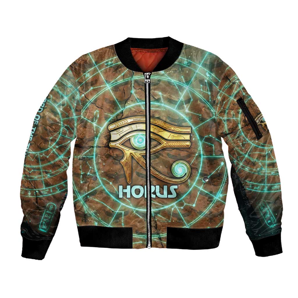 Horus Eye of Ra Sleeve Zip Bomber Jacket Golden Falcon Ancient Egyptian Symbol in Futuristic
