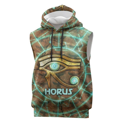 Horus Eye of Ra Sleeveless Hoodie Golden Falcon Ancient Egyptian Symbol in Futuristic