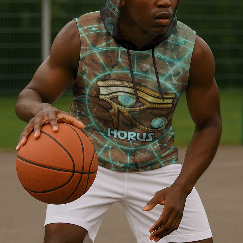 Horus Eye of Ra Sleeveless Hoodie Golden Falcon Ancient Egyptian Symbol in Futuristic