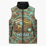 Horus Eye of Ra Sleeveless Puffer Jacket Golden Falcon Ancient Egyptian Symbol in Futuristic