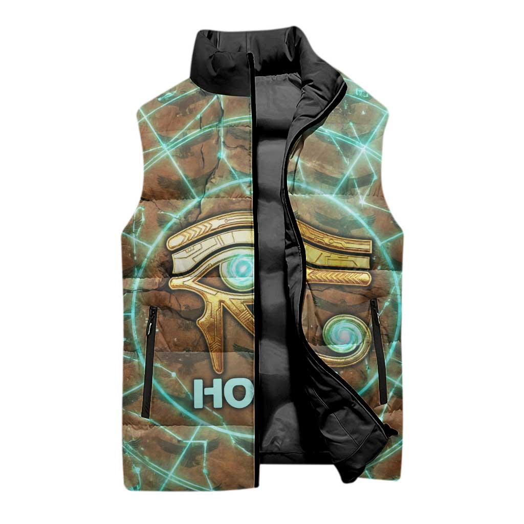 Horus Eye of Ra Sleeveless Puffer Jacket Golden Falcon Ancient Egyptian Symbol in Futuristic