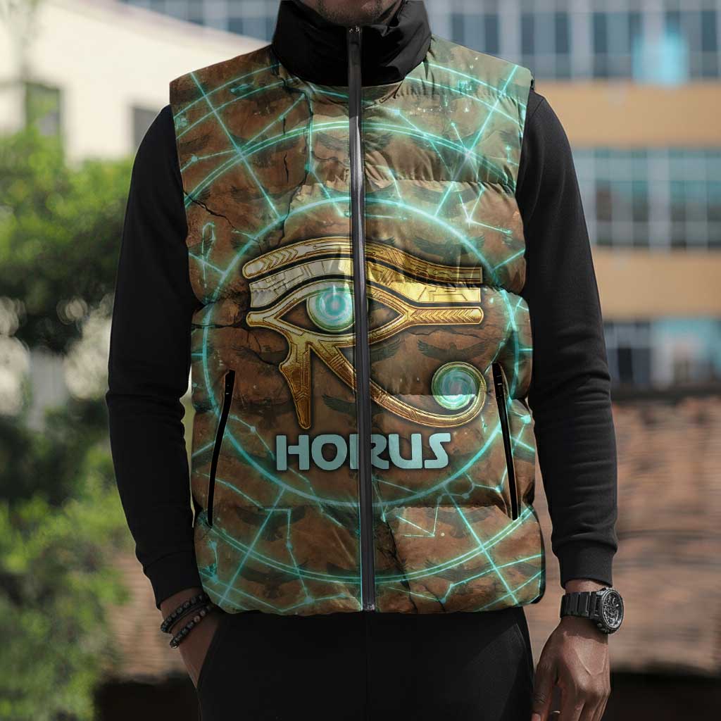 Horus Eye of Ra Sleeveless Puffer Jacket Golden Falcon Ancient Egyptian Symbol in Futuristic