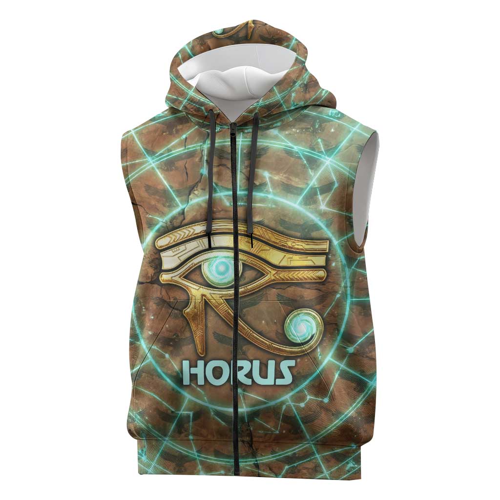 Horus Eye of Ra Sleeveless Zip Hoodie Golden Falcon Ancient Egyptian Symbol in Futuristic