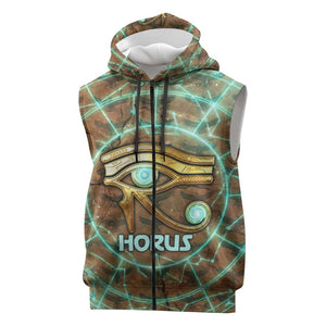 Horus Eye of Ra Sleeveless Zip Hoodie Golden Falcon Ancient Egyptian Symbol in Futuristic