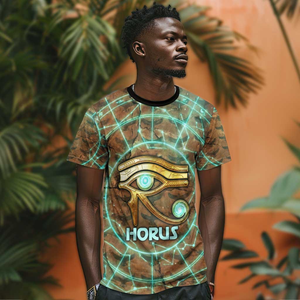 Horus Eye of Ra T shirt Golden Falcon Ancient Egyptian Symbol in Futuristic