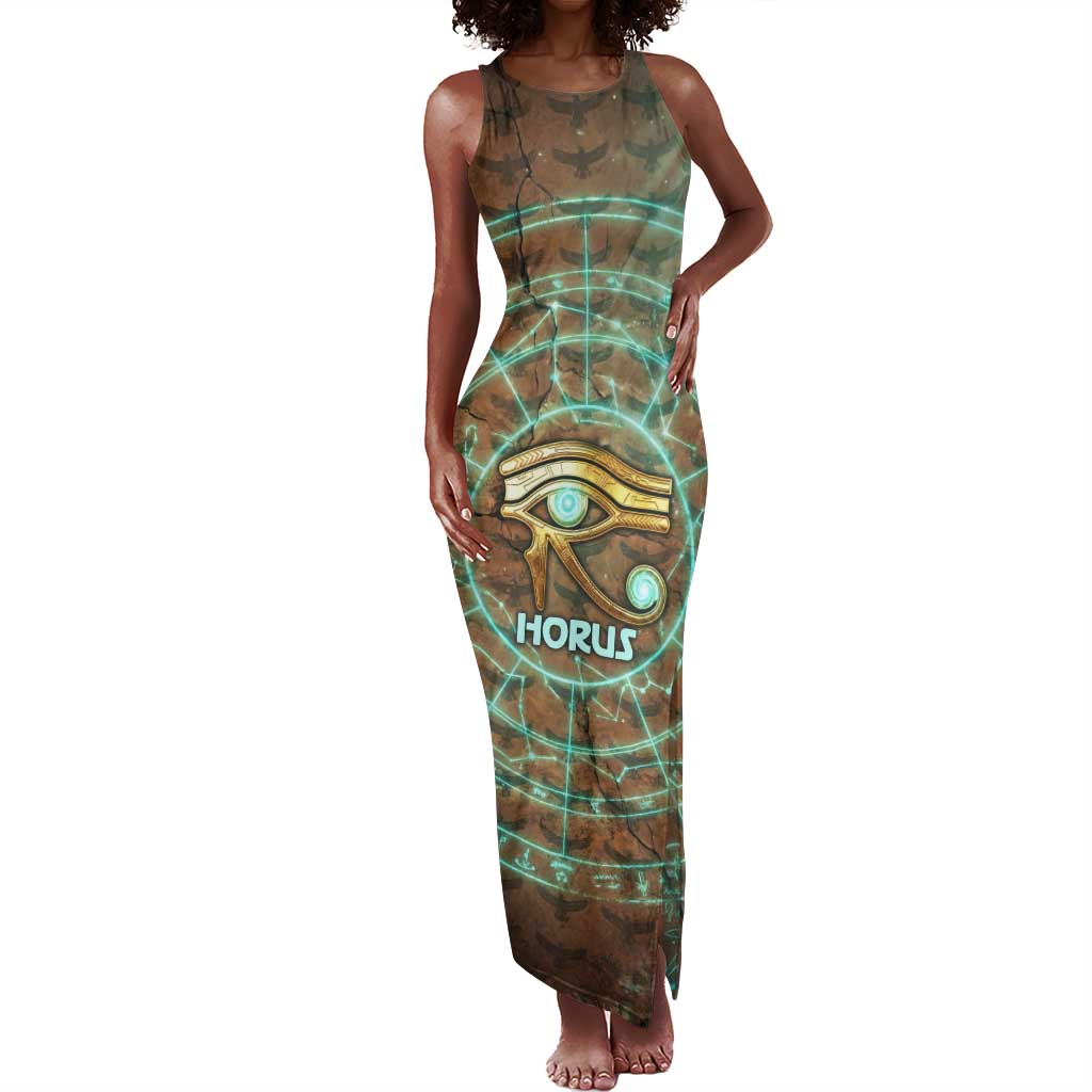 Horus Eye of Ra Tank Maxi Dress Golden Falcon Ancient Egyptian Symbol in Futuristic