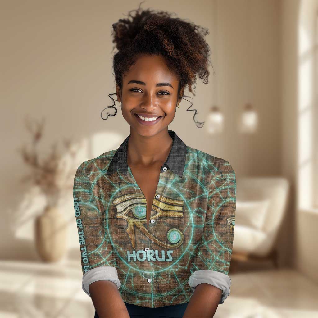 Horus Eye of Ra Women Casual Shirt Golden Falcon Ancient Egyptian Symbol in Futuristic