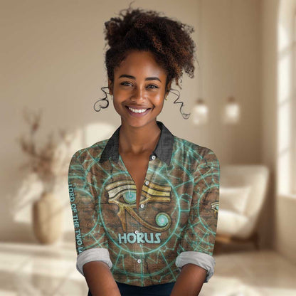 Horus Eye of Ra Women Casual Shirt Golden Falcon Ancient Egyptian Symbol in Futuristic