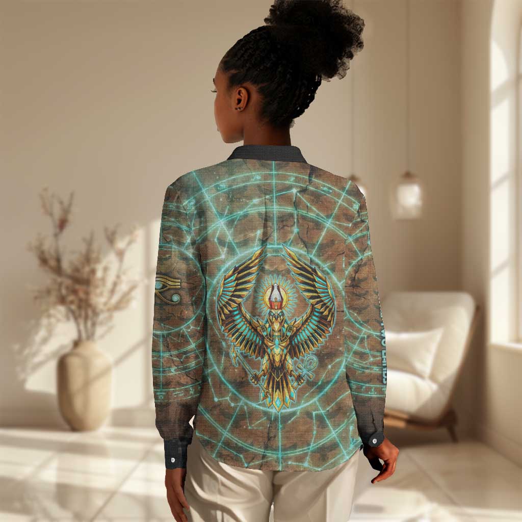 Horus Eye of Ra Women Casual Shirt Golden Falcon Ancient Egyptian Symbol in Futuristic