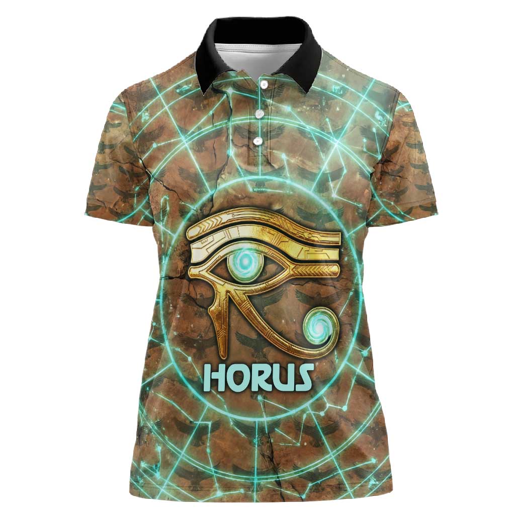 Horus Eye of Ra Women Polo Shirt Golden Falcon Ancient Egyptian Symbol in Futuristic