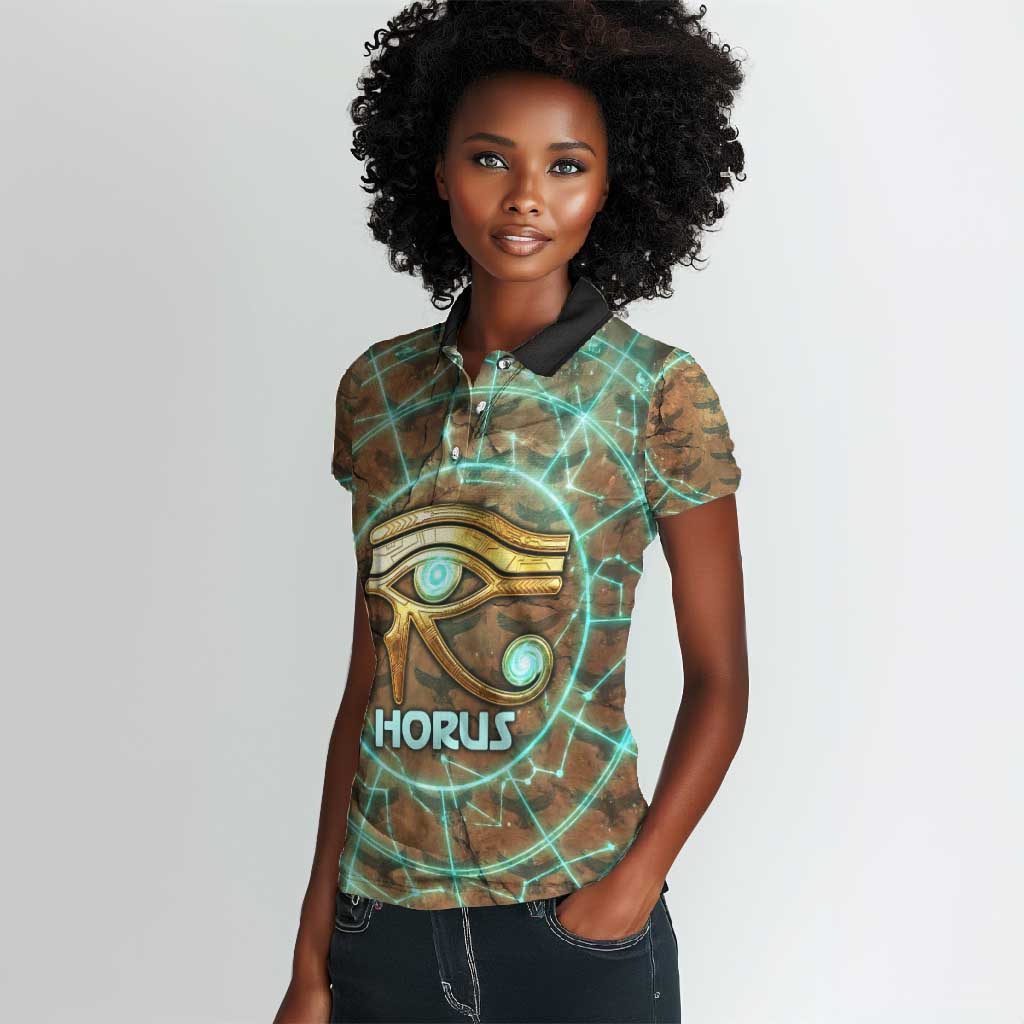 Horus Eye of Ra Women Polo Shirt Golden Falcon Ancient Egyptian Symbol in Futuristic
