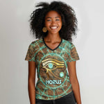 Horus Eye of Ra Women V-Neck T-Shirt Golden Falcon Ancient Egyptian Symbol in Futuristic