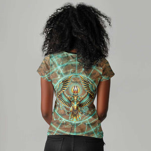 Horus Eye of Ra Women V-Neck T-Shirt Golden Falcon Ancient Egyptian Symbol in Futuristic