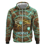 Horus Eye of Ra Zip Hoodie Golden Falcon Ancient Egyptian Symbol in Futuristic