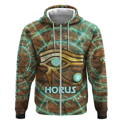 Horus Eye of Ra Zip Hoodie Golden Falcon Ancient Egyptian Symbol in Futuristic
