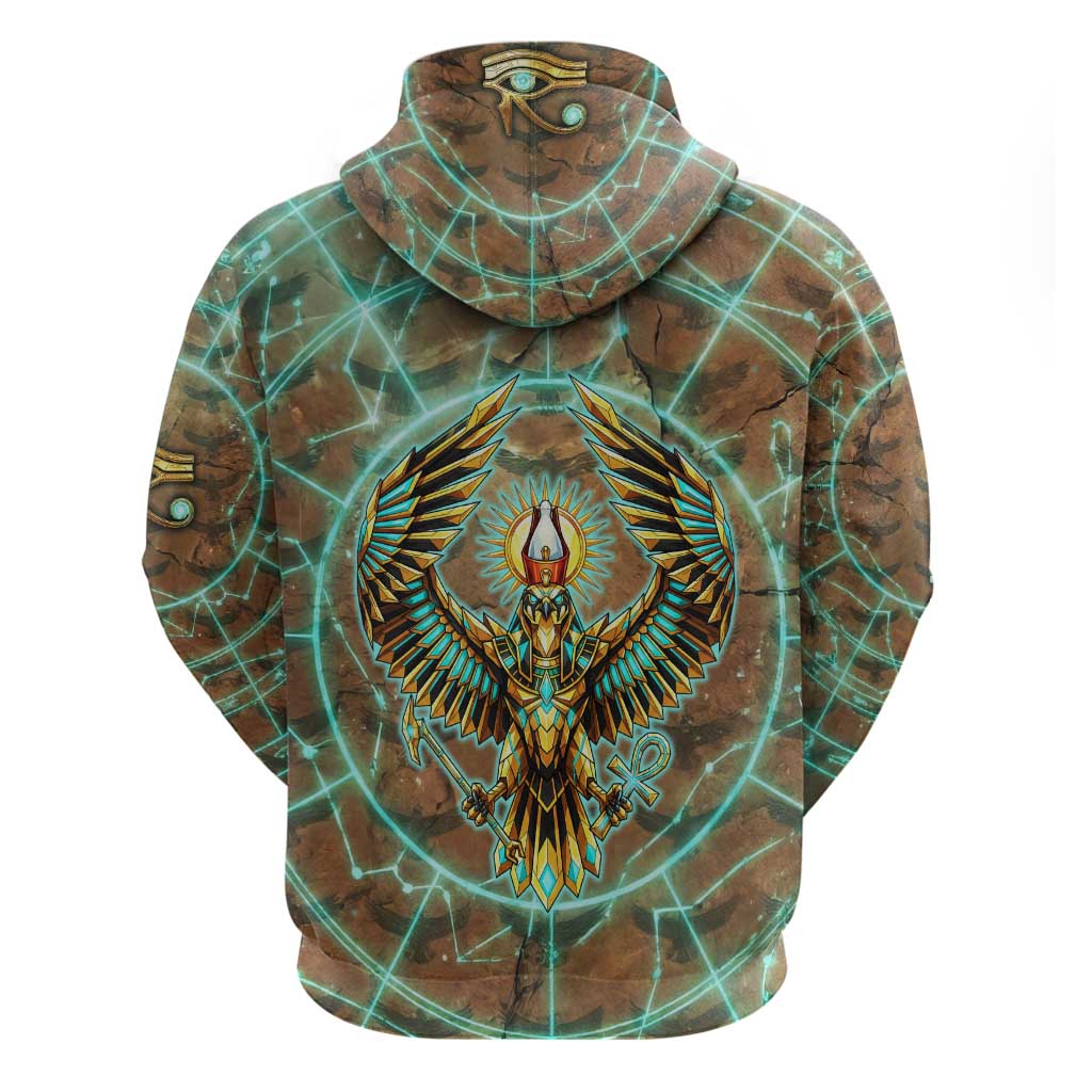 Horus Eye of Ra Zip Hoodie Golden Falcon Ancient Egyptian Symbol in Futuristic