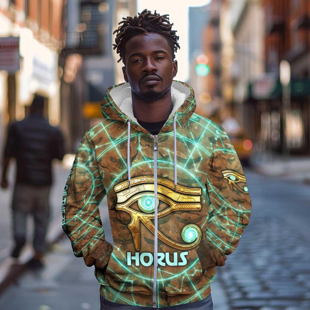 Horus Eye of Ra Zip Hoodie Golden Falcon Ancient Egyptian Symbol in Futuristic