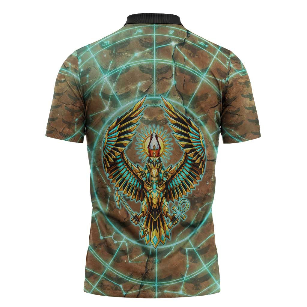 Horus Eye of Ra Zipper Polo Shirt Golden Falcon Ancient Egyptian Symbol in Futuristic