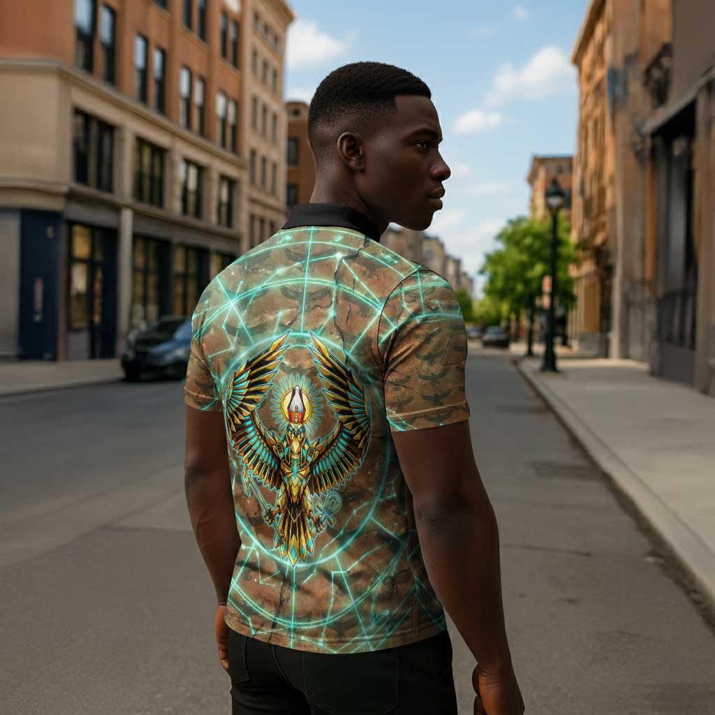 Horus Eye of Ra Zipper Polo Shirt Golden Falcon Ancient Egyptian Symbol in Futuristic