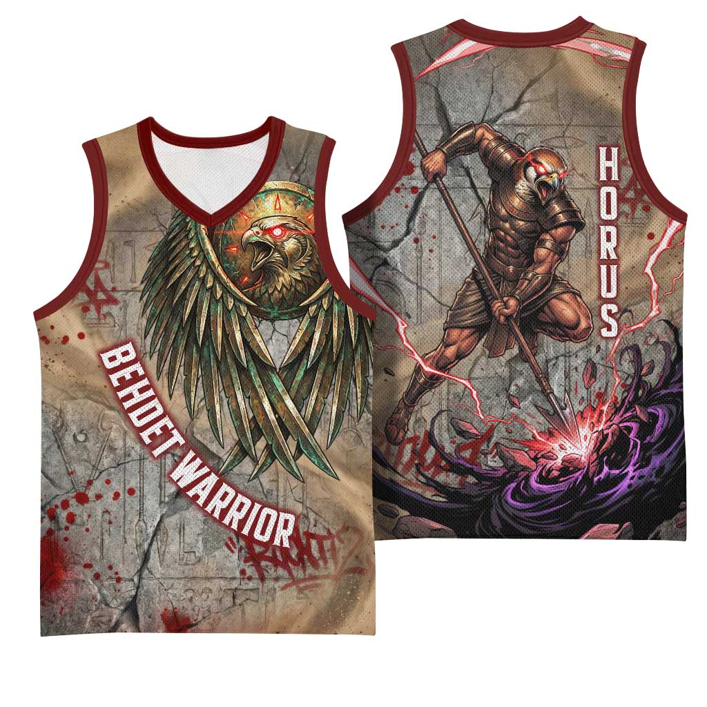 Horus Behdety Warrior Basketball Jersey with Falcon Mask and Spear Ancient Egyptian Combat