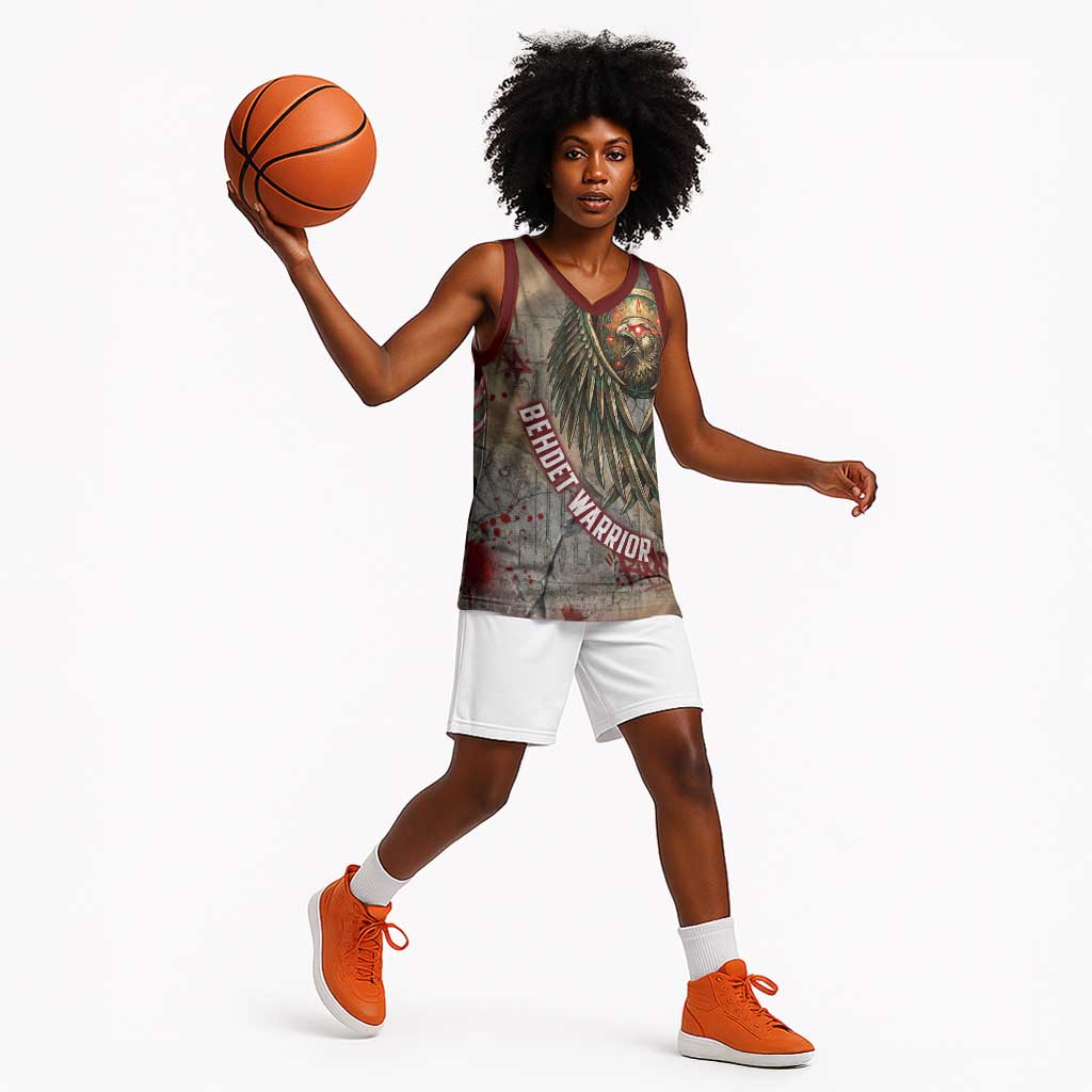 Horus Behdety Warrior Basketball Jersey with Falcon Mask and Spear Ancient Egyptian Combat