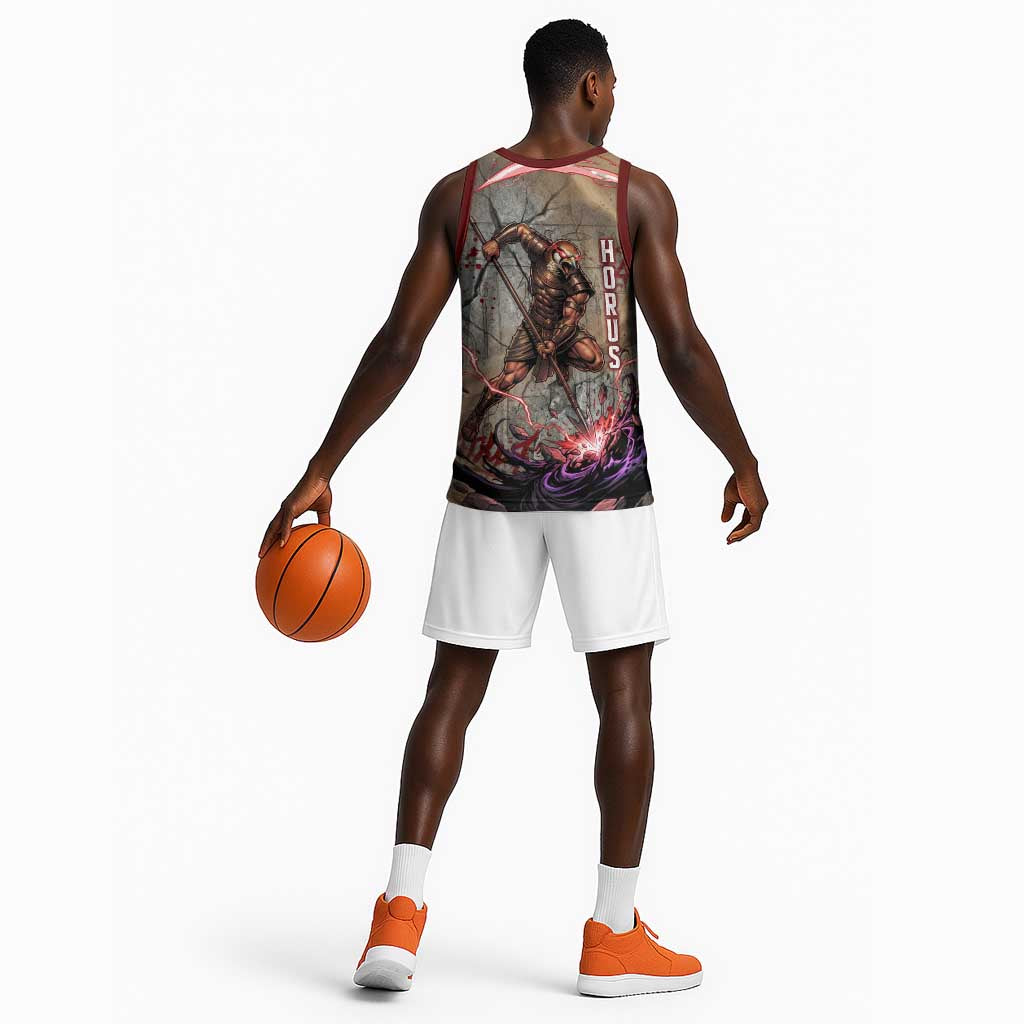 Horus Behdety Warrior Basketball Jersey with Falcon Mask and Spear Ancient Egyptian Combat