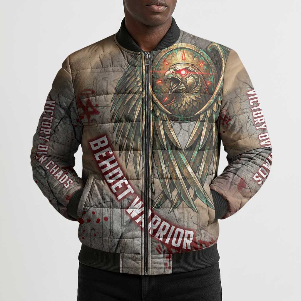 Horus Behdety Warrior Bomber Puffer Jacket with Falcon Mask and Spear Ancient Egyptian Combat