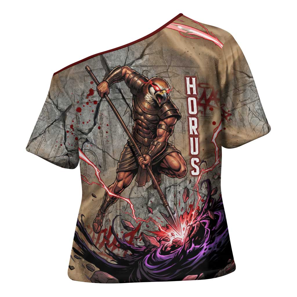 Horus Behdety Warrior Cross Shoulder Shirt with Falcon Mask and Spear Ancient Egyptian Combat