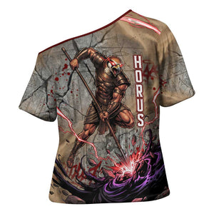 Horus Behdety Warrior Cross Shoulder Shirt with Falcon Mask and Spear Ancient Egyptian Combat