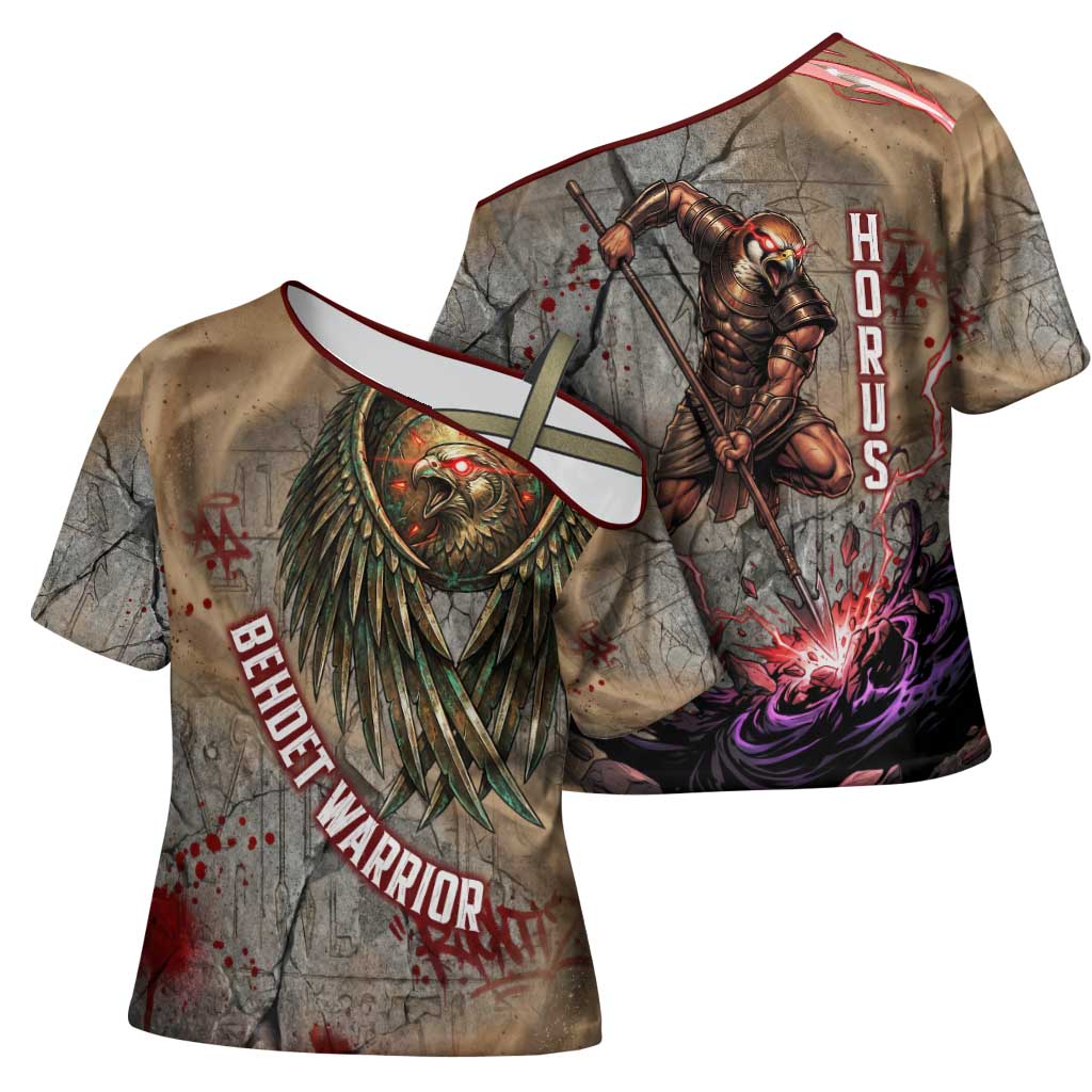 Horus Behdety Warrior Cross Shoulder Shirt with Falcon Mask and Spear Ancient Egyptian Combat