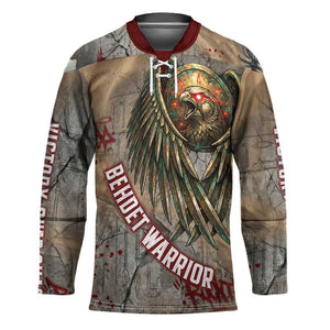 Horus Behdety Warrior Hockey Jersey with Falcon Mask and Spear Ancient Egyptian Combat
