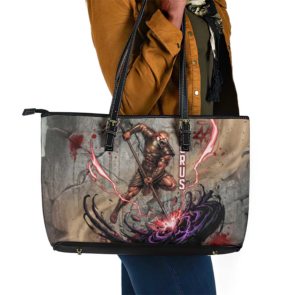 Horus Behdety Warrior Leather Tote Bag with Falcon Mask and Spear Ancient Egyptian Combat
