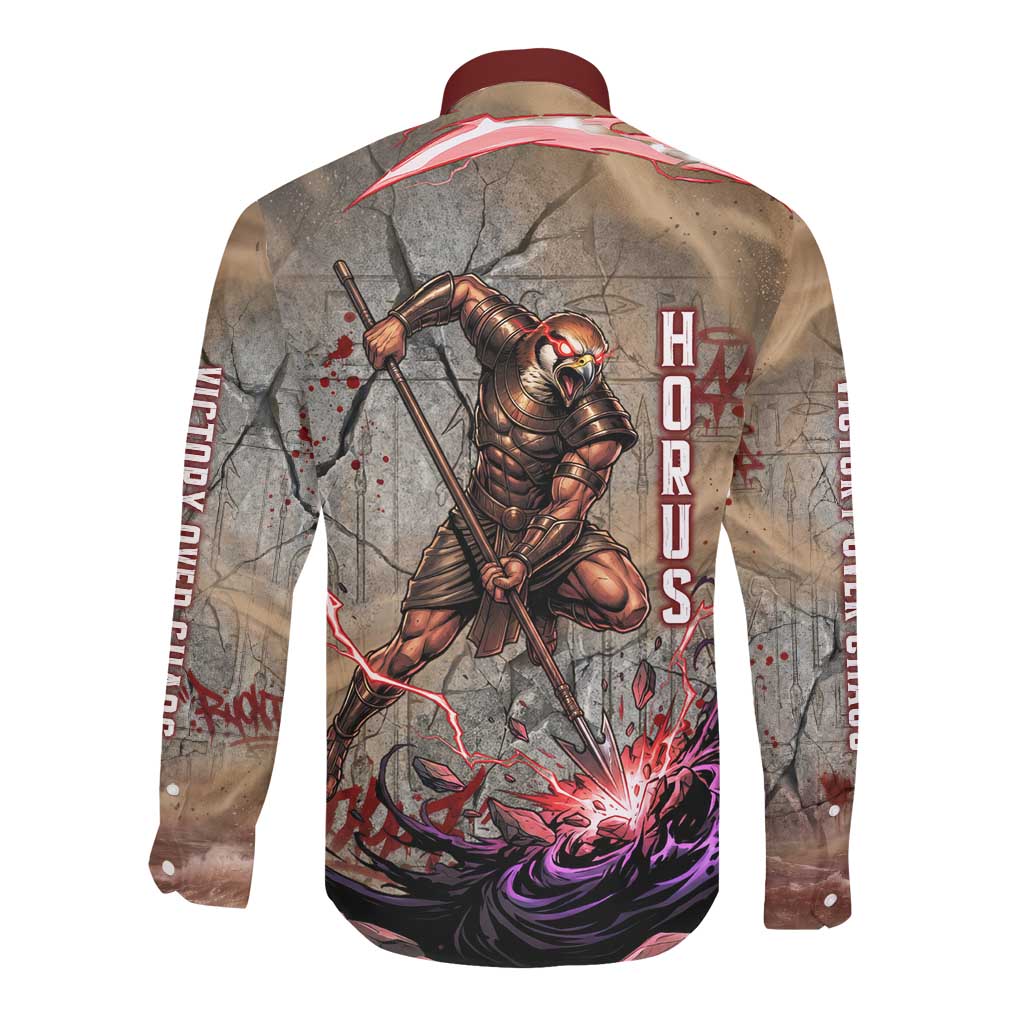 Horus Behdety Warrior Long Sleeve Button Shirt with Falcon Mask and Spear Ancient Egyptian Combat