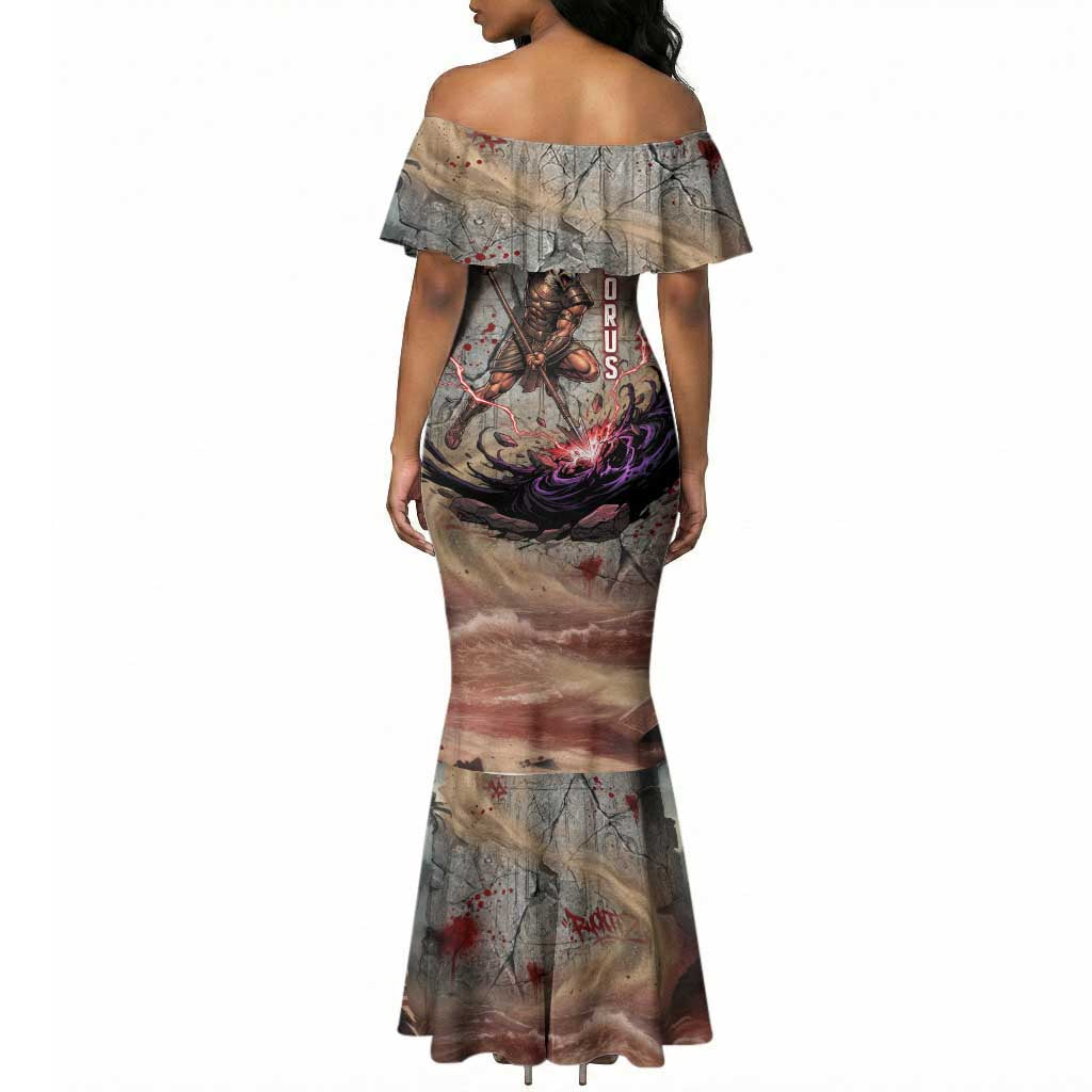 Horus Behdety Warrior Mermaid Dress with Falcon Mask and Spear Ancient Egyptian Combat