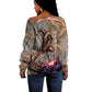 Horus Behdety Warrior Off Shoulder Sweater with Falcon Mask and Spear Ancient Egyptian Combat